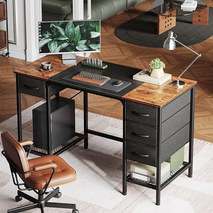Huuger 47 Inch Computer Desk with 4 Drawers, Office Desk with Mesh Shelf, Gaming Desk, Large Storage, Writing Work Desk for Home Office, Study, Bedroom, Work from Home, Rustic Brown and Black