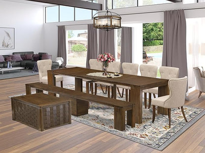 X07SI-BC8-04 - 10 Pieces Modern Dining Set contains an Extendable Rectangle Kitchen Table, 1 Coffee Table, 7 Dining Chairs and 1 Modern Bench, 39x120 Inch, Antique Walnut