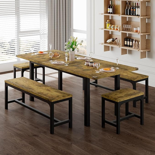 Feonase 5-Piece Dining Table for 4-8 People, 63" Extendable Kitchen Table Set with 2 Benches & 2 Square Stools, Dining Room Table with MDF Wood Board, Easy Clean, Rustic Brown