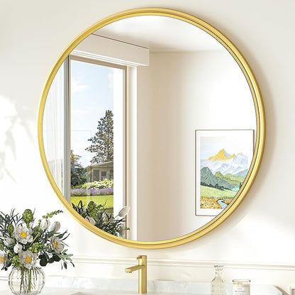 TokeShimi 30 in Round Framed Brushed Gold Mirror Bathroom Tempered, Shatterproof Mirror Circle 30x30 Farmhouse Aluminum Large Wall Mirrored for Vanity, Entryway, Bedroom, Restroom, Living Room