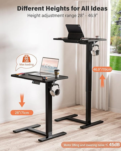 Mobile Standing Desk with Wheels - Electric Height Adjustable Small Movable Laptop Desk, Portable Rolling Computer Sit Stand Side Table for Home Office, Sofa&Bedside Use (23.6",Black)