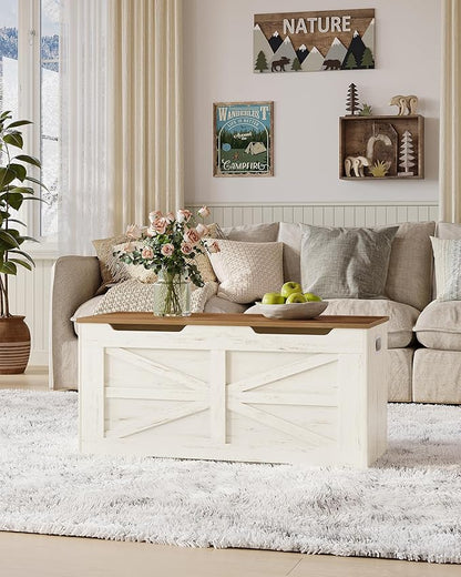 39.4" Storage Chest, Extra Large Storage Trunk with 2 Safety Hinges, Wooden Box Bench, Lift-Top Organizer Chest, Shoe Bench for Entryway, Bedroom, Living Room, White and Brown SB03414X