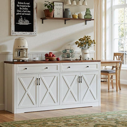 61'' Farmhouse Sideboard Buffet Cabinet with Storage, Large Kitchen Storage Cabinet with Barn Doors Drawers, Brown Coffee Bar Table for Dining Room Kitchen