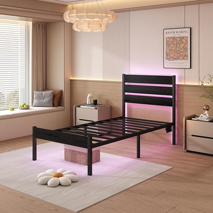 Twin Bed Frame with Headboard,Heavy Duty LED Bed Frame with USB Charging Station,Mattress Foundation-Under Bed Storage, No Box Spring Needed, Noise Free，Black