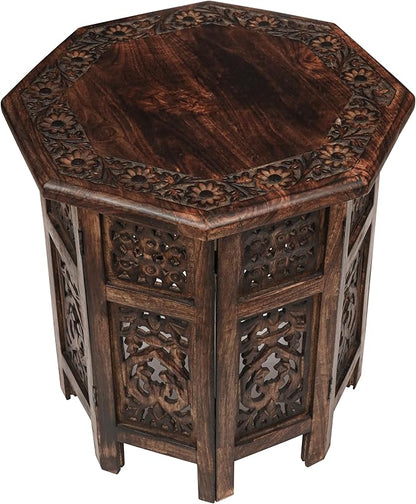 The Wooden Town End Tables for Living Room– Hand Carved Vintage Boho Folding Side Tables for Small Spaces, Entryway, Living Room, Bedroom – No Tools Assembly, 18"x18" Octagon, Scorch Burnt Finish
