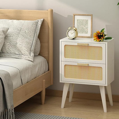 Rattan Nightstand, Wood End Table, Side Table with 2 Hand Made Rattan Decorated Drawers,Boho Bedside Table,Wood Accent Table with Storage for Livingroom, Bedroom, White CTG59W