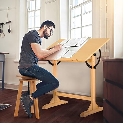 VISWIN Wood Drafting Table for Adults, 24'' x 35" Drawing Table with Adjustable Angle for Art Studio, 34" Height Solid Pine Wood Artist Desk for Drawing, Drafting, Writing, Reading, Sketching