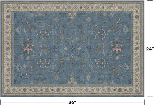 Blue 2x3 Washable Rug for Entryway Indoor, Kitchen Floor Waterproof, Bathroom, Powder Room, Non Slip Low Pile Stain & Fade Resistant, Modern Eclectic Floral Decor