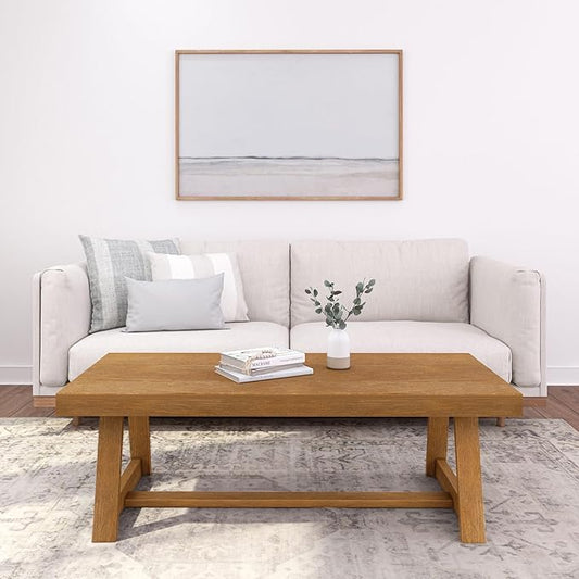 Plank+Beam Classic Rectangular Coffee Table, 54 Inch Farmhouse Coffee Table, Center Table, Small Living Space Tea Table, Pecan Wirebrush