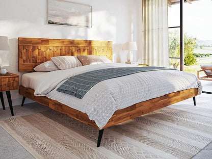 Bme Georgina Signature Bed Frame with Handcrafted Geometric Headboard, Mid Century Modern, Solid Acacia Wood, No Box Spring Needed, 12 Strong Wood Slats Support, Easy Assembly, Teak Brown, King