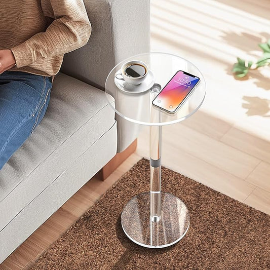 9.8" Round Clear Acrylic End Table - Modern Small Space Side Table for Living Room, Bedroom, Office, Outdoor | Sturdy, Easy to Install, Multi-Purpose