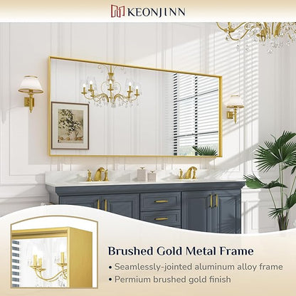 Keonjinn Large Gold Bathroom Mirror 72" x 36", Brushed Gold Rectangular Mirror for Wall, Oversized Metal Framed Mirror, Square Corner, Modern Farmhouse Decorative(Horizontal/Vertical)