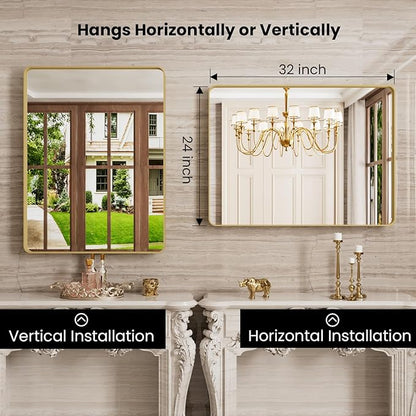 Gold Bathroom Mirror, 24x32 Inch Brushed Gold Metal Frame Mirror for Wall, Rounded Rectangle Bathroom Vanity Mirror, Tempered Glass, Anti-Rust, Horizontal/Vertical