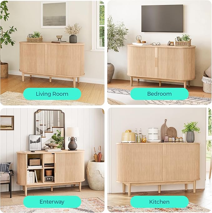 LINSY HOME Sideboard Buffet Cabinet with Storage, 55" Fluted Coffee Bar Cabinet with Tambour Sliding Doors and Drawer, Mid Century Modern Wood Storage Buffet Table for Kitchen, Living Room, Oak