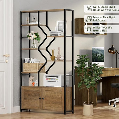 76" Tall Shelf with Storage Cabinet Doors, 6 Tier Open Bookshelf for Multi-use Display, Staggered Book Shelf Etagere Bookcase for Home Office/Living Room, Deep Metal & Wood Accent Shelf, Rustic Brown