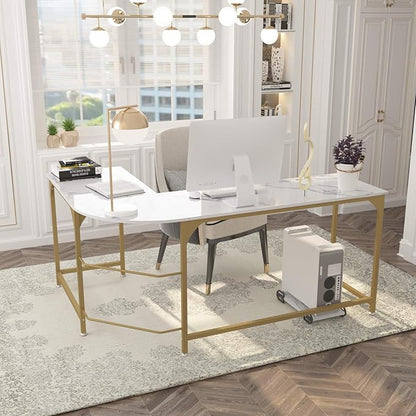 Teraves Reversible L Shaped Desk White - 66.1" Corner Gaming Computer Desk, Office Workstation Modern Home Study Writing Table, Marble Gold