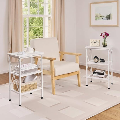 VECELO End Table, Bedside Table, 24" Tall Living Room End Tables, X-Design Reinforced Nightstands, Side Table with 3-Tier Storage Shelves for Small Spaces, Office, Bathroom, Bedroom, Pearl White