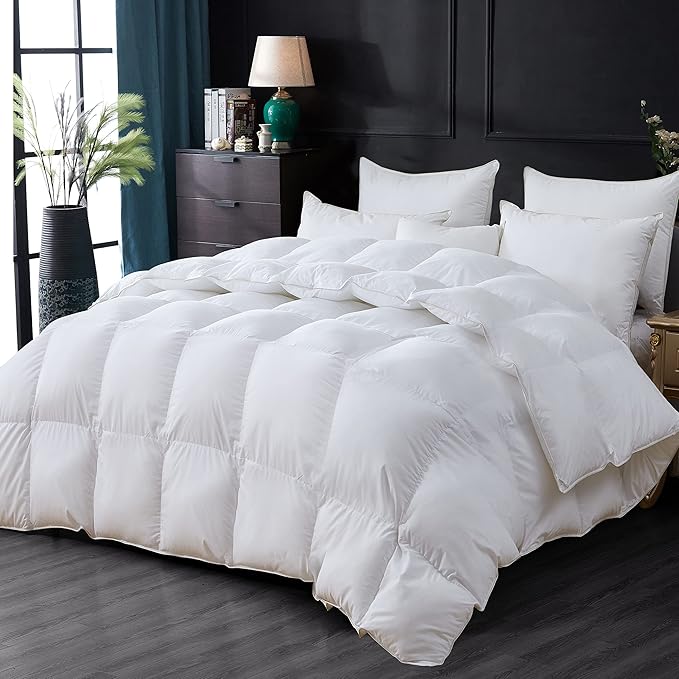 Luxurious All-Season Goose Down Feather Fiber Comforter King Size Duvet Insert, Premium White Solid Plain Design, Premium Baffle Box, 100% Egyptian Cotton, 80 oz Fill Weight