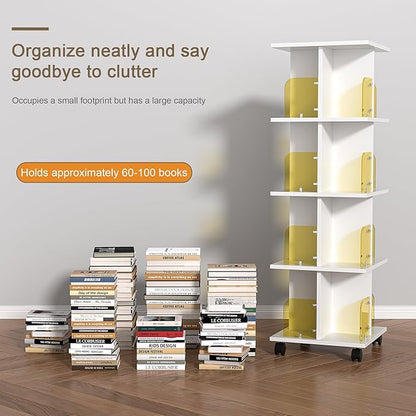 VECELO Rotating Bookshelf with Brake Wheels, 360°Display 4 Tier Floor Stackable Spinning-Bookshelf Tower for Kids&Adults, Revolving Bookcase for Small Space,Corner(White)