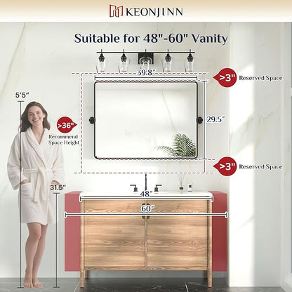 Keonjinn 40 x 30 Inch Large Pivot Mirror, Brushed Nickel Pivot Mirror Bathroom, Beveled Tilt Mirrors Bathroom for Over Sink, Rounded Corner Farmhouse Tilting Mirrors Wall Mount (Horizontal/Vertical)