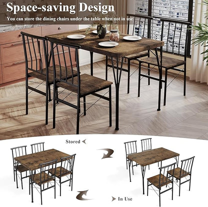5 Piece Dining Table Set with 1.6" Thick Desktop, Modern Metal&Wood Kitchen Dinner Table with 4 Chairs, Dining Room Table Sets for Small Spaces, Brown