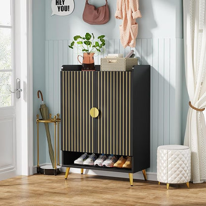 Tribesigns Shoe Cabinet with Doors, 7-Tier Shoe Storage Cabinet with Adjustable Shelves, Wooden Shoes Rack Shoe Storage Organizer for Entryway, Hallway, Closet, Living Room, Black