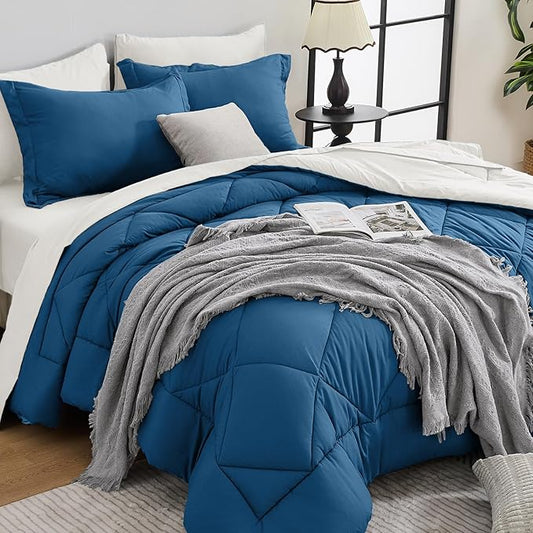 HEVUMYI Teal Blue & Ivory Full Comforter Set - 7-Piece All Season Bed in a Bag Full, Ultra Soft Bedding Set with Comforter, Flat Sheet, Fitted Sheet, Pillowcases, Pillow Shams, Teal Blue & Ivory