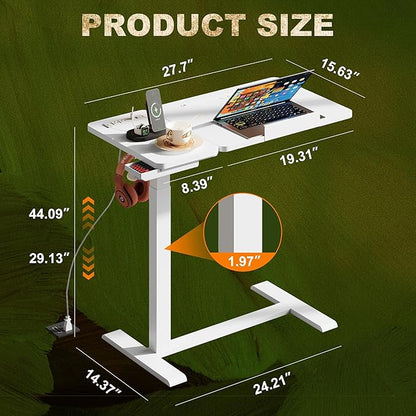 Standing Desk, Medical Overbed Table with Rolling Tray and Power Outlet, Dual Pneumatic Angle and Height Adjustable Desk, Portable Side Table with Drawer, Home & Hospital Use, White