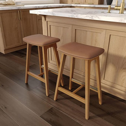 Plank+Beam Beryl Counter Height Stool - Mid-Century Modern Rubberwood Bar Stool with Faux Leather Seat, Metal Footrest, Easy Assembly, 2-Pack, Pecan/Toffee