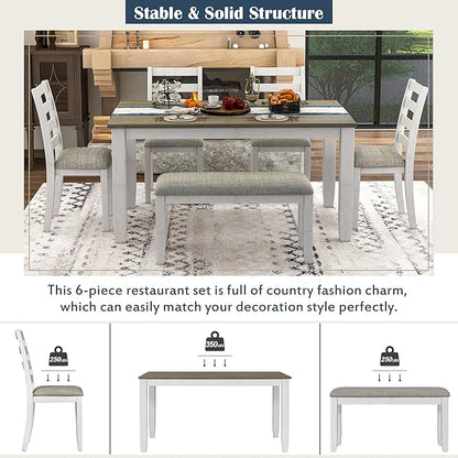 Merax 6-Piece Wooden Rectangular Dining Table Set with 4 Upholstered Chairs and Bench, Whitewash+Brown