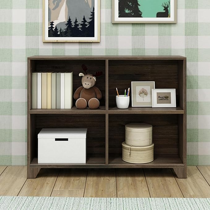 Max & Lily Modern Farmhouse 4-Shelf Bookcase, Solid Wood Bookshelves for Kids Bedroom, Barnwood Brown