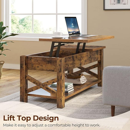 Rolanstar Coffee Table 47.2", 2 Way Lift Top with Hidden Compartment, Lift Top Coffee Table with Open Shelf & X Wooden Support, Center Table for Living Room, Rustic Brown