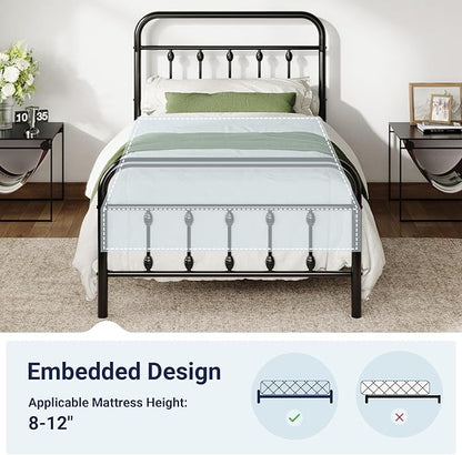 Allewie 14 Inches Twin Size Metal Platform Bed Frame with Victorian Style Iron-Art Headboard/Footboard, Mattress Foundation, Easy Assembly, Under Bed Storage, No Box Spring Required, Black