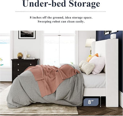 Allewie Full Size Velvet Bed Frame/Vertical Channel Tufted Wingback Headboard/Upholstered Platform Bed/Strong Wooden Slats/No Box Spring Needed/Easy Assembly/White