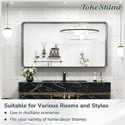 TokeShimi 48 x 24 Inch Wall Mirror Black Bathroom Vanity Mirror with Metal Frame Aluminum Alloy Rounded Corner for Modern Farmhouse Wall Decor 1”Deep Set Design (Horizontal/Vertical)