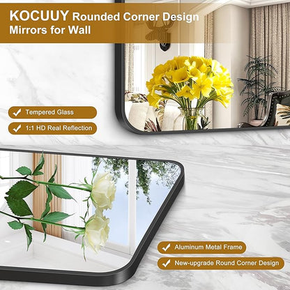 KOCUUY Black Bathroom Mirror 60"x40", Large Vanity Mirror with Rounded Corner, Metal Black Frame with Mordern Design for Bathroom, Living Room, Entryway, Hang Horizontal/Vertical
