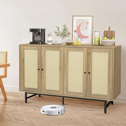 Sideboard Buffets Cabinet with 4 Rattan Doors, Large Storage Accent Cabinet Credenzas Modern Console Table for Living Room, Kitchen (Natural)