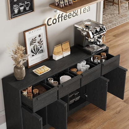 GarveeHome Sideboard Buffet Cabinet with 4 Drawers, 62.4" Large Coffee Cabinet with Storage, Modern Storage Buffet Table for Kitchen Dining Room, Living Room (Black, 4 Doors & 4 Drawers)