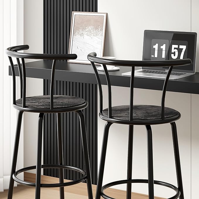 VECELO Bar Stools Set of 2, Swivel Counter Stools with Backrest, Bar Height Stools for Dining Room, Kitchen Island, Pub, Easy Assembly, Dark Grey