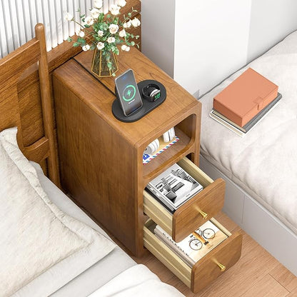 Small Nightstand, Narrow Tall Beside Table with 2 Drawers and Open Shelf, Walnut Solid Wood Night Stand, Mid Century Modern Nightstand for Bedroom (10 inch)