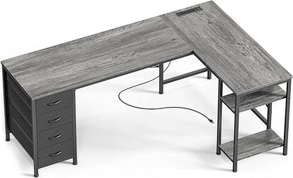 Huuger 63 Inch L Shaped Desk with Fabric Drawers, Reversible Computer Gaming Desk with Power Outlets and USB-C Port, Adjustable Side Storage Shelves, for Work Study Corner Home Office, Grey