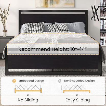 SHA CERLIN Full Size Bed Frame with Modern Headboard, Heavy Duty Platform Metal Base with Square Footboard and 13 Strong Slats Support, No Box Spring Needed, Black