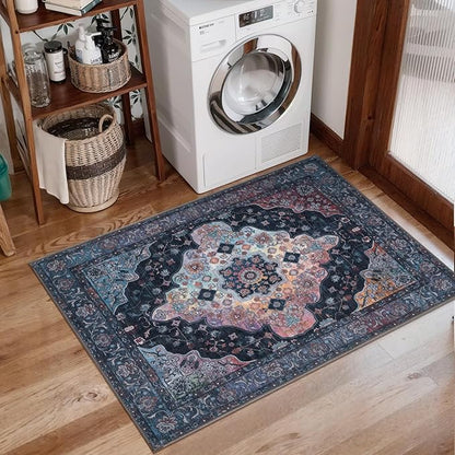 2x3 Entryway Rug, Vintage Rug with Non Slip Backing, Washable Rugs Low Pile Indoor Small Area Rug for Front Door Entrance Kitchen Bedroom Bathroom, Blue/Multi Retro Doormat Carpet