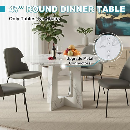 47" Round Dining Table for 4-6, Modern Small Dinner Table Farmhouse Round Kitchen Tables with Marble White Finish for Dining Room, Kitchen, Living Room, Marble White