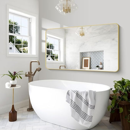 BONEWEI Gold Bathroom Mirror,60x36 inch Wall Mirror for Bathroom Wall Mounted,Round Rectangle Mirror for Bathroom Over Sink,Modern Frame for Home Decor Living Room,Bedroom Entryway,Horizontal/Vertical
