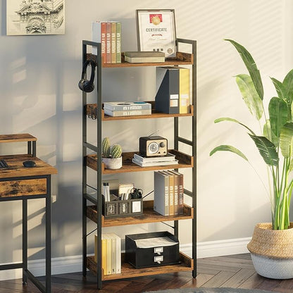 Rolanstar Bookshelf 5 Tier with 4 Hooks, Industrial Wood Bookcase, Vintage Storage Rack with Open Shelves, Rustic Standing Bookshelves Display Rack for Living Room, Bedroom, Rustic Brown