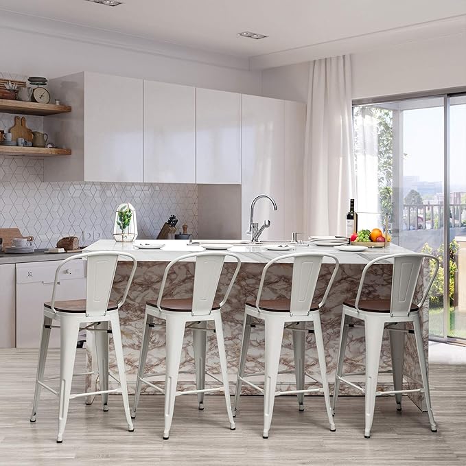 Yongqiang Metal Bar Stools Set of 4 Kitchen Island Counter Height Bar Stools High Back Farmhouse Barstools with Large Wooden Seat 24 inch Cream White