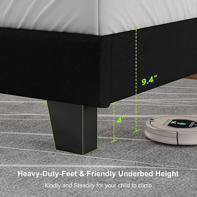 Feonase King Size Platform Bed Frame, Upholstered Bed with Button Tufted Headboard, Heavy Duty Wooden Slats & Thickened Feet, No Box Spring Needed, Noise-Free, Easy Assembly, Black