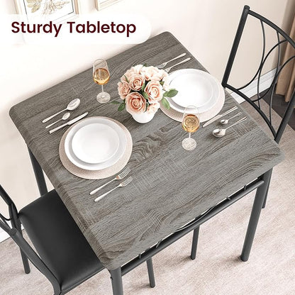 CABIHOME Dining Table Set for 2, 3 Piece Kitchen Table Set with 2 Upholstered Chairs, Square Kitchen Table Set for Small Space, Apartment, Dining Room, Retro Gray