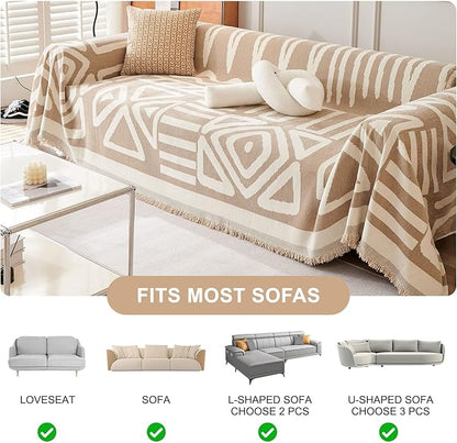STACYPIK Boho Couch Cover, Khaki Sofa Cover for Dogs, Tassels Loveseat Cover for Sectional, L-Shape Protector for 3 Cushion Couch, Washable Chenille Slipcover, Multi-Use Decorative Blanket-71X134IN